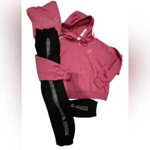 NEW VICTORIAS SECRET PINK BLING FULL ZIP HOODIE & CHOOSE PANTS 2 PC SET NICE!!